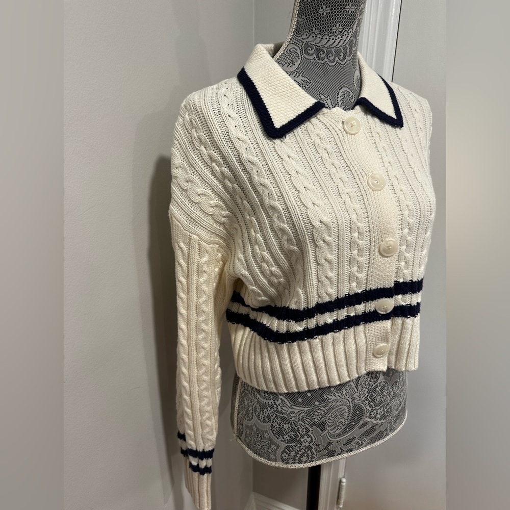 NWT Pink Rose Preppy Cream & Navy Cable Knit Collared Cardigan. Ribbed Hem. S